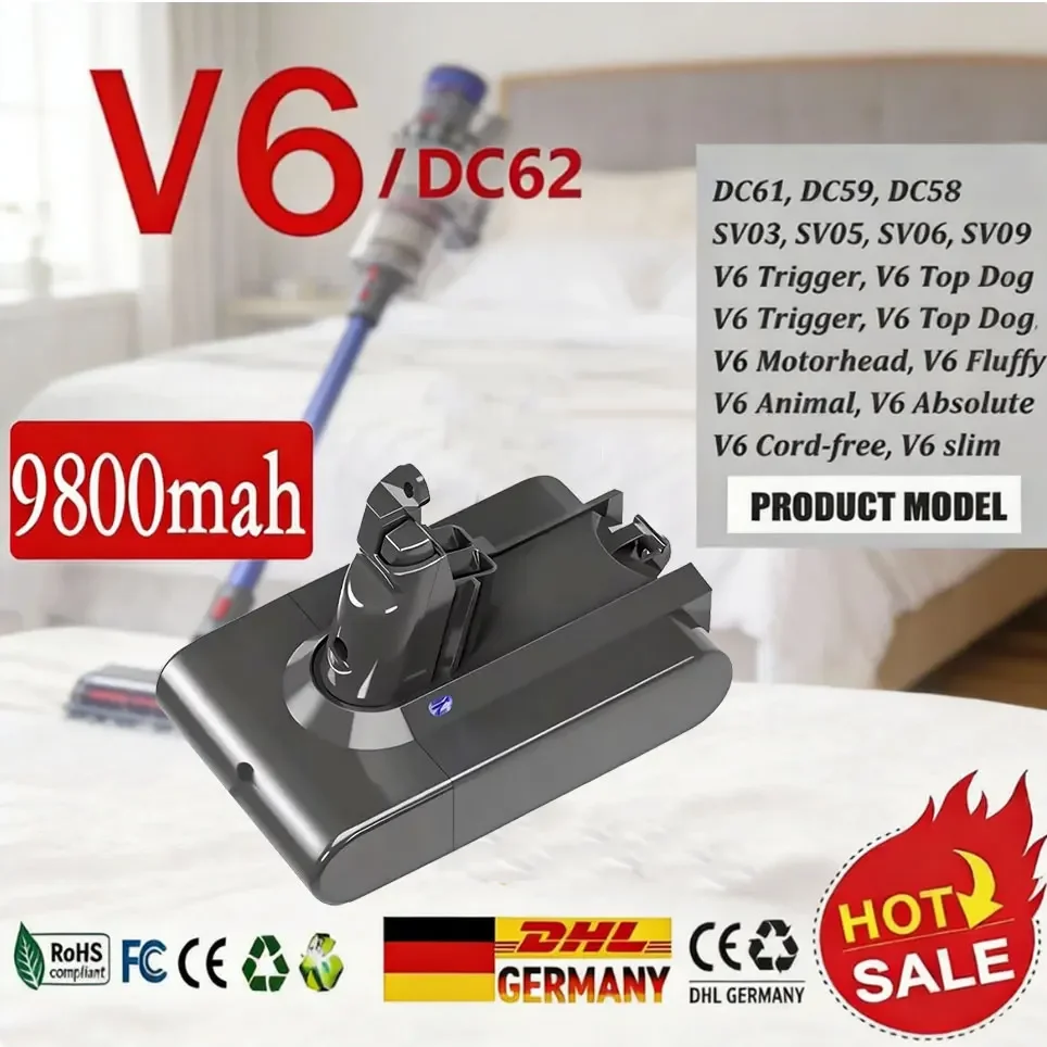 Batterie de remplacement Dyson V6 21.6V 9800mAh DC58 DC59 DC62 SV03 SV05 SV09 pour aspirateur et outil électrique