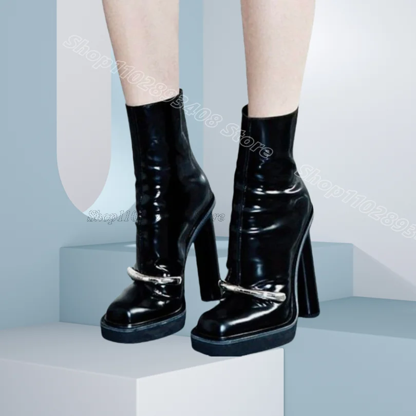 

Black Patent Leather Ankle Boots Pointed Toe Metal Heels Stiletto British Style Design for Women Boots 2025 Zapatos Para Mujere