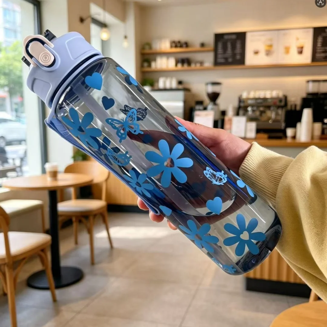 Water Bottle with Full Print of Flowers and Bowknot Patterns, Trendy & Stylish, Lightweight with Portable Lanyard, Durable image 6