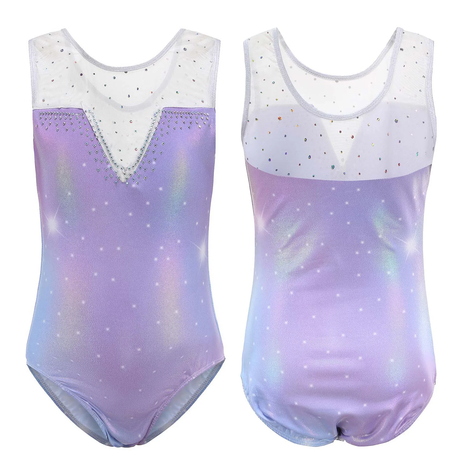 

Girls Ballerina Dancewear Rhythmic Gymnastic Dance Costume Sheer Mesh Metallic Leotard Sleeveless Shiny Rhinestones Bodysuit