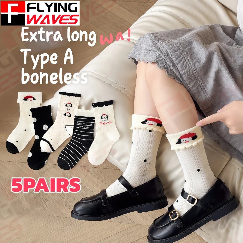 5 Pairs Seamless Girls Socks Soft Cotton Mid Calf Thin Breathable Cute Puppy Animal Pattern Princess Socks for Kids 1-12Y