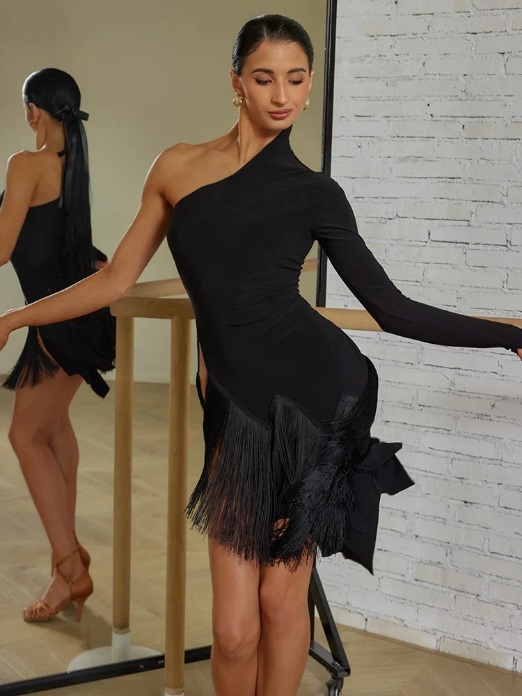 ZYM New Latin Dance Fringe Dress with 3D Neck Design One Shoulder ZYMdancestyle Cool Girl Dancing A Dress #23123