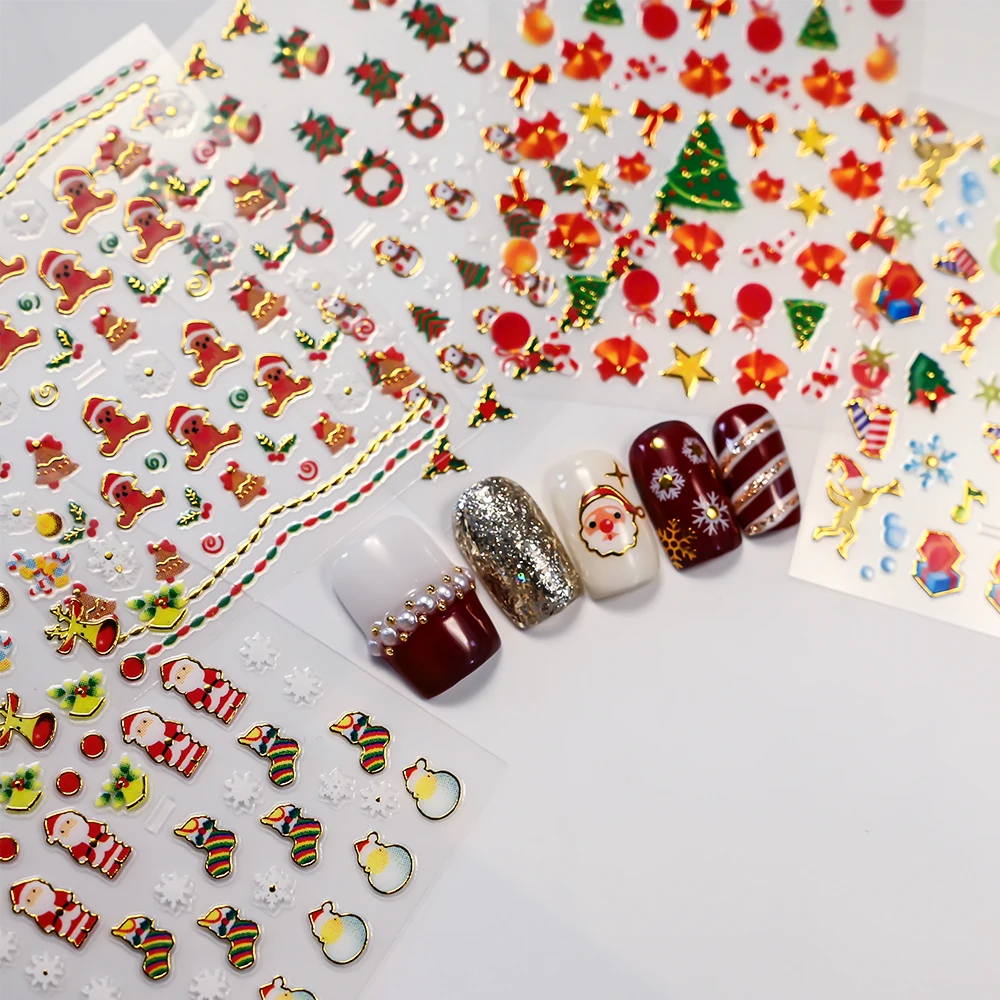 24/30Pcs 3D Christmas Nails Sticker Cute Cartoon Santa Claus/Sock/Snowflake Adhesive Sliders 6.3*5.3CM Mini New Year Nail Decals