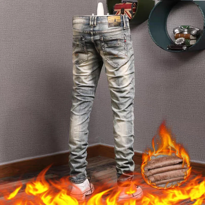 Fashion Designer Men Jeans Retro Black Gray Stretch Slim Fit Ripped Jeans Men Vintage Velvet Denim Pants Winter Warm Trousers