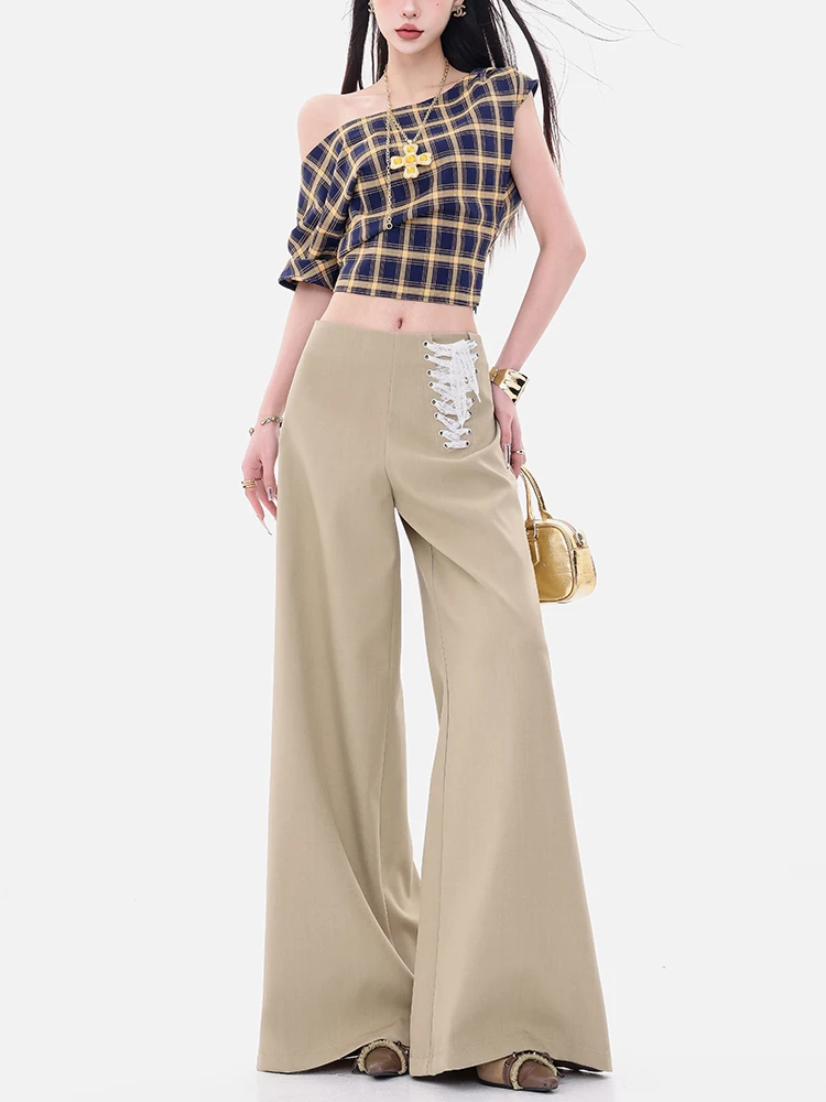 

Женские свободные повседневные брюки Ele с кружевным поясом и высокой талией, оригинальный дизайн ABWEAR, модные, универсальные, удобные