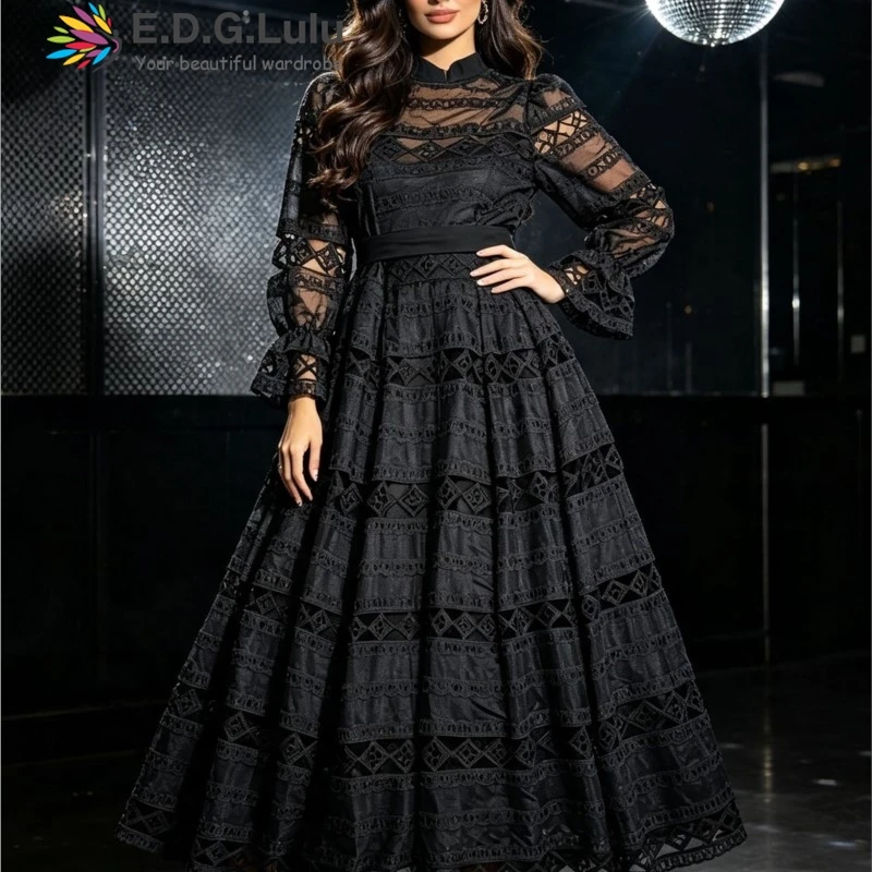 EDGLuLu Fashion Round Neck Mesh Splicing Lace White Dresses For Woman Single-Breasted Waist Lace Up A-Line Long Dresses 0824