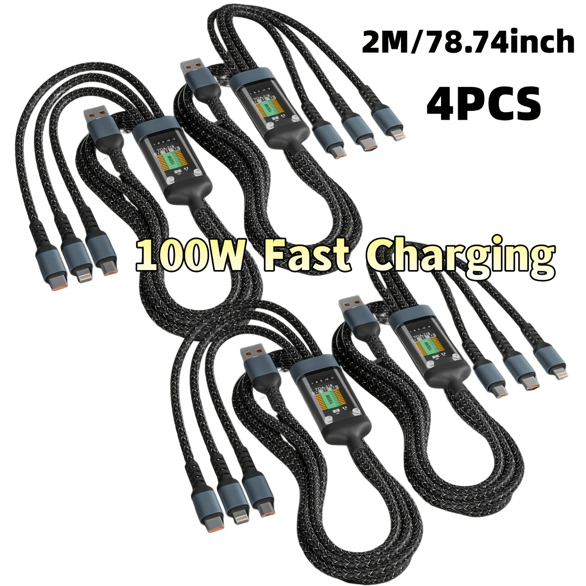 4pcs 78.74inch USB Cable Nylon Braided 3-in-1 LED Digital Display USB Charging Cable with Type-C, Micro USB, Port for Phone, for Samsung, for Huawei, for Xiaomi Multi-Port Multiple Charging, Phone Charging Cable