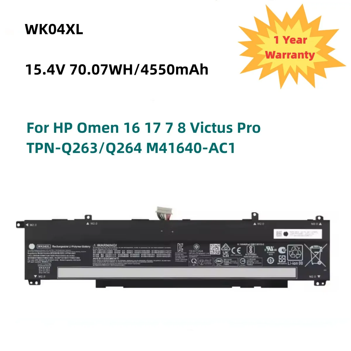 70.07WH WK04XL Laptop Battery for HP Omen 16 17 7 8 Victus Pro TPN-Q263/Q264 M41640-AC1 HSTNN-OB21 TPN-Q265 TPN-Q266 TPN-Q280