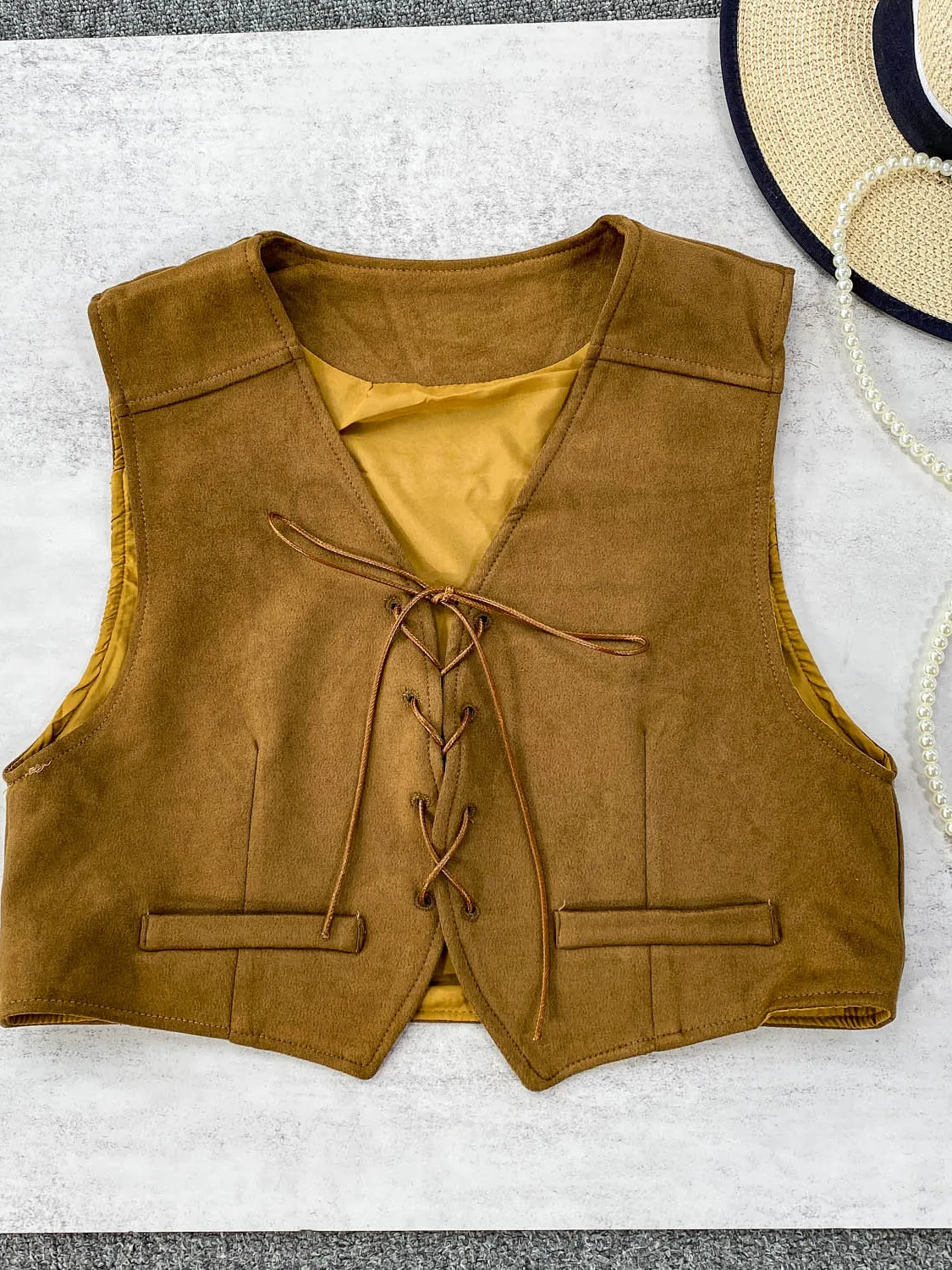 

Retro Brown Deer Suede Vest Women's Summer Belted Slimming ort Top V-ne Commute Sle Other Material 00% Suitable for 8...