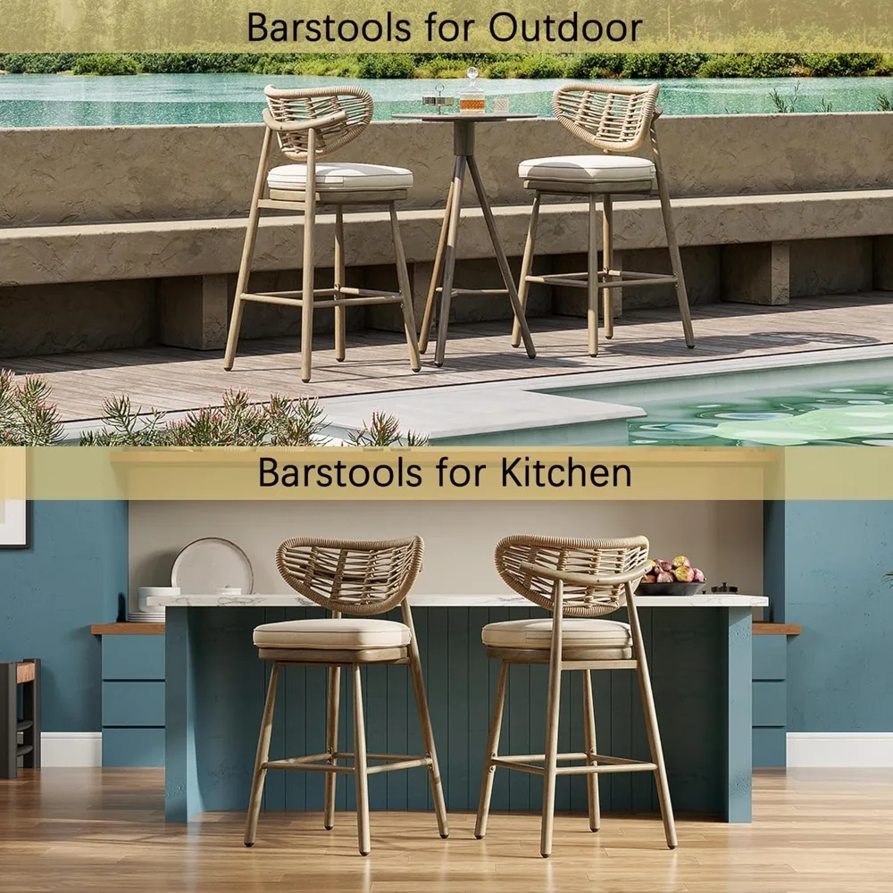 Bar Stools Set of 2 29'' Rattan Barstools Counter Stools Outdoor Bar Stools Kitchen Chairs with Back for Kitchen Island