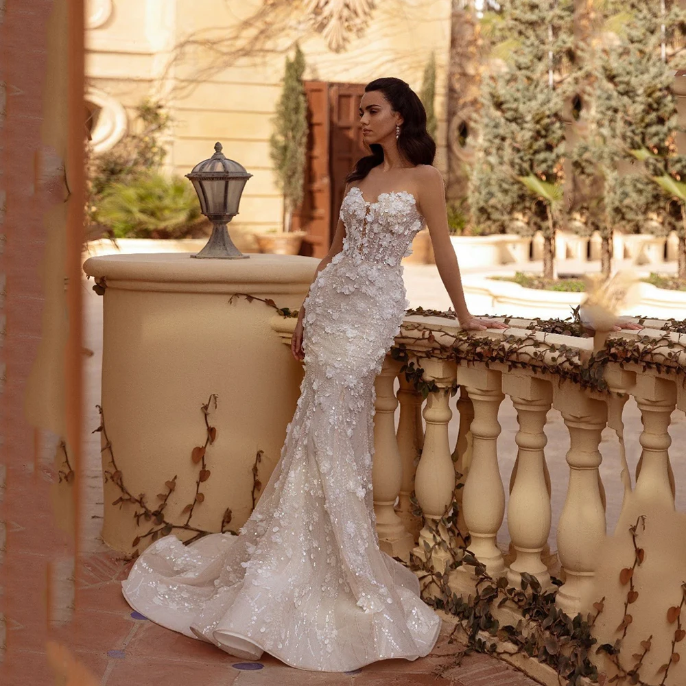 

Flowers Wedding Dresses 2025 Luxury Full Sleeve O-Neck Applique Zipper Back Bride Gowns Sequin Mermaid robe de mariée Customized