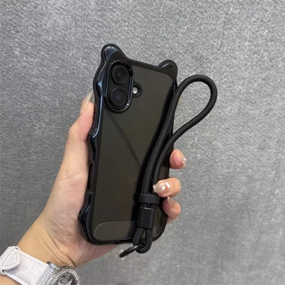 For iPhone 16 Pro Max Case Black 3D Ears with Wavy Transparent Acrylic Shockproof Compatible with iPhone 15 14 13