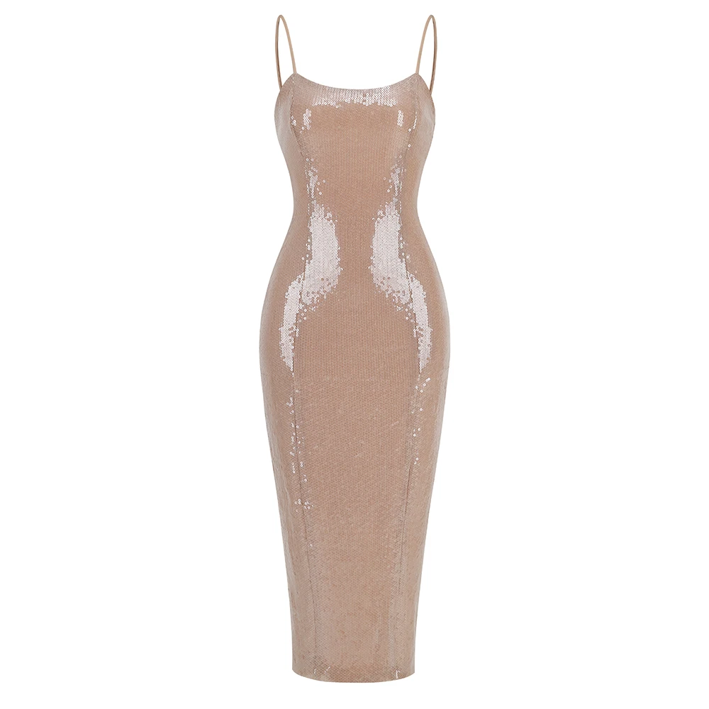 New sexy sequin backless suspender dress, women's slim sequin beaded hem with a split party dress in the mid length