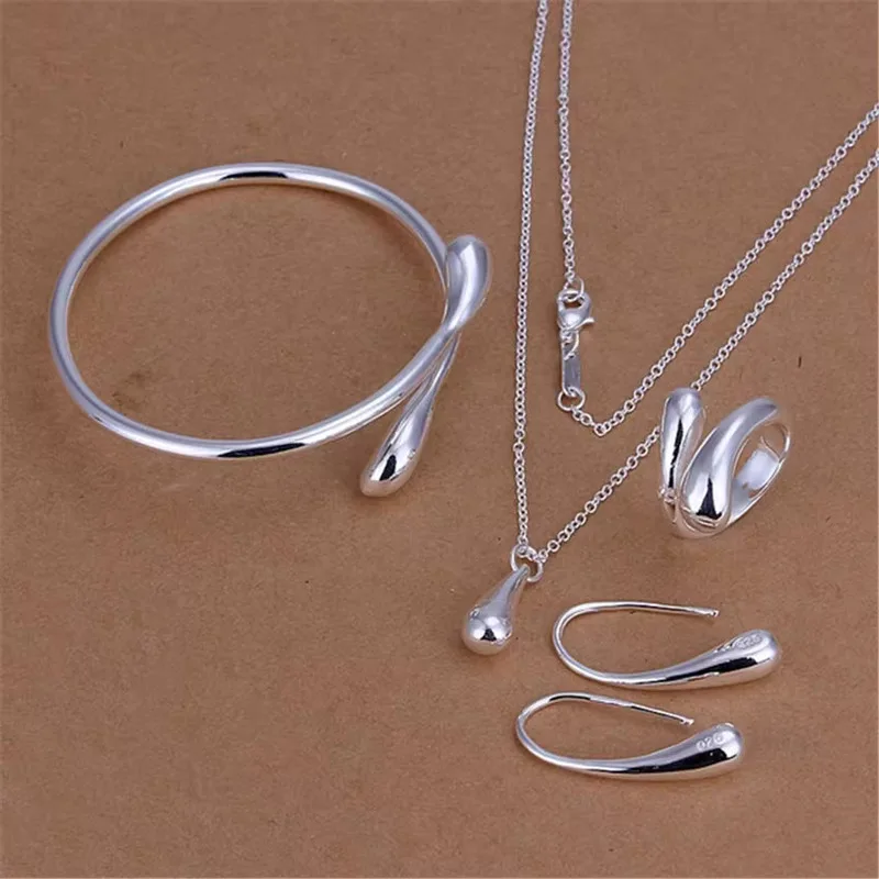 

Hot Pretty 925 Sterling Silver Water drop Pendant bangle Bracelet necklace earring ring for women Fashion Party Gift Jewelry set