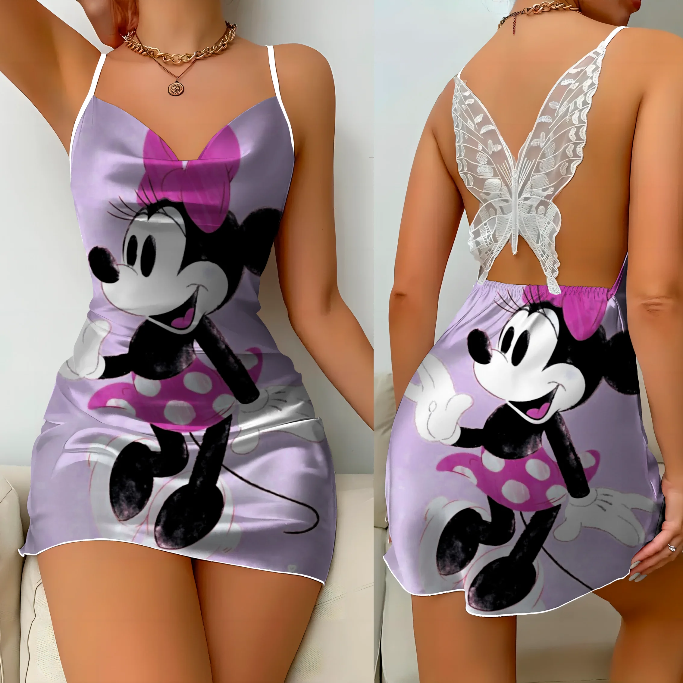 Pajama Skirt Minnie Mouse Mickey Womens Dresses Slip Dress Satin Surface Bow Knot Disney Fashion Summer 2024 Elegant Women Party