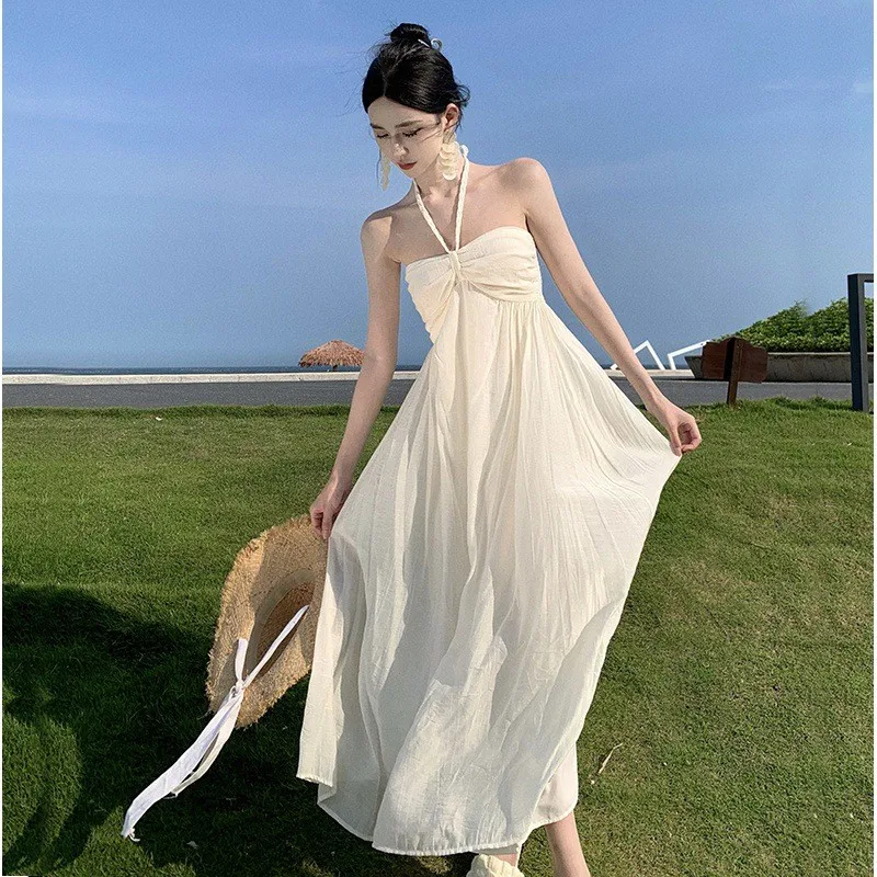 Ele Travel Vaion Dr Hanging Ne Strapl Skirt High Waist A-Line Polyester Summer 2023 Busin Home Use