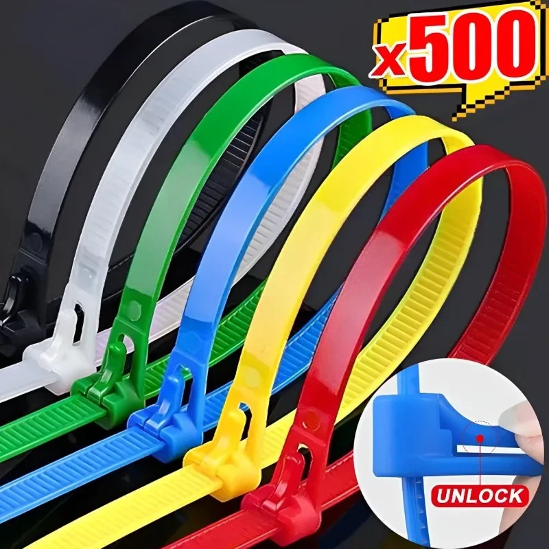 500/100PCS Adjustable Nylon Cable Ties Releasable Fastening Loop Wire Binding Wrap Straps Home Office Slipknot Loose Cables Tie