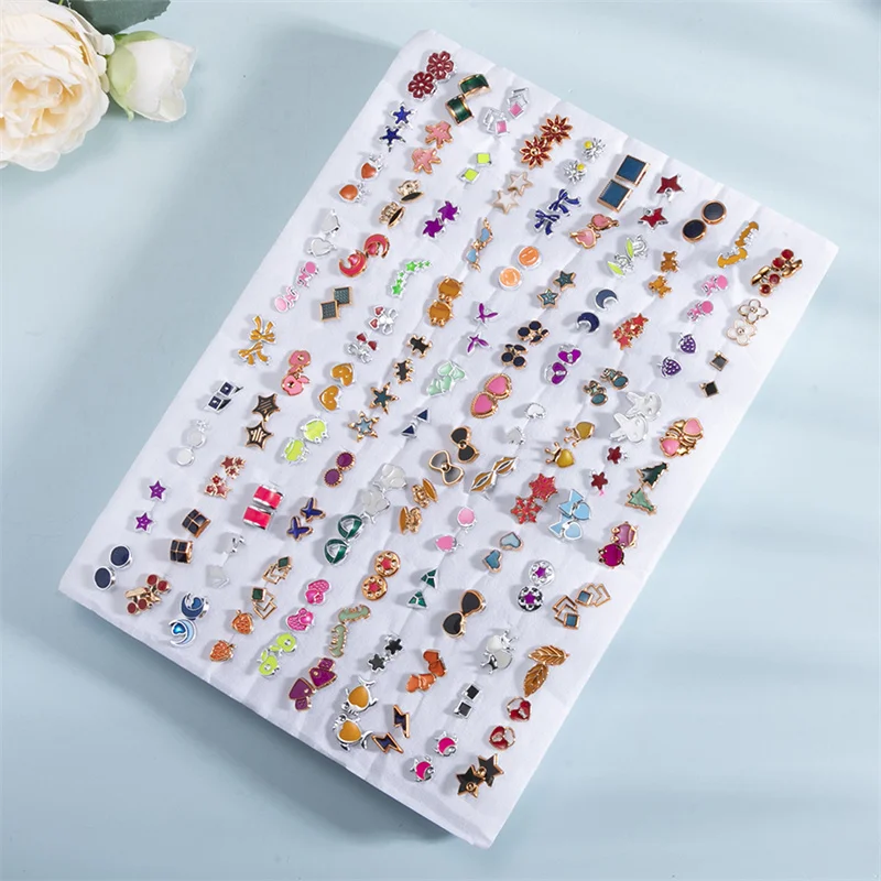 100Pair Women Plastic Enamel Small Stud Earrings Set Girls Heart Star Animal Moon Plastic Geometric Earring Set Jewelry Gifts