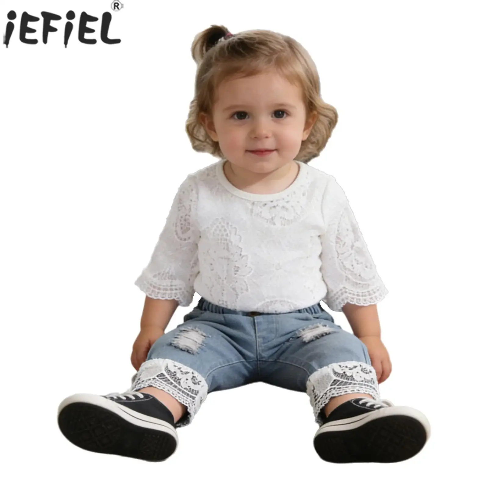 

Комплект для девочки: повседневный костюм на весну-осень, милый ромпер с длинным рукавом и кружевом, с рваными джинсами, для школы, вечеринок, отпуска, уличной носки