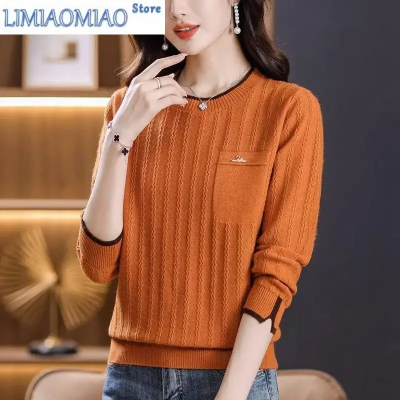 

All-match Crew Neck Pockets Contrast Color Autumn Winter Pullover Long Sleeve Screw Thread Sweater Knitted Women's Clothing Tops