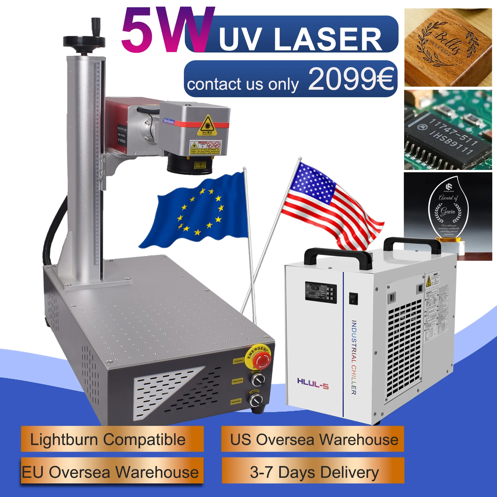 

5W UV Laser Marking Machine Fiber UV 5W 355nm Non-Metal Engraver for Glass/Wood/PVC/Stainless Steel/Plastic Leather CRS 5W