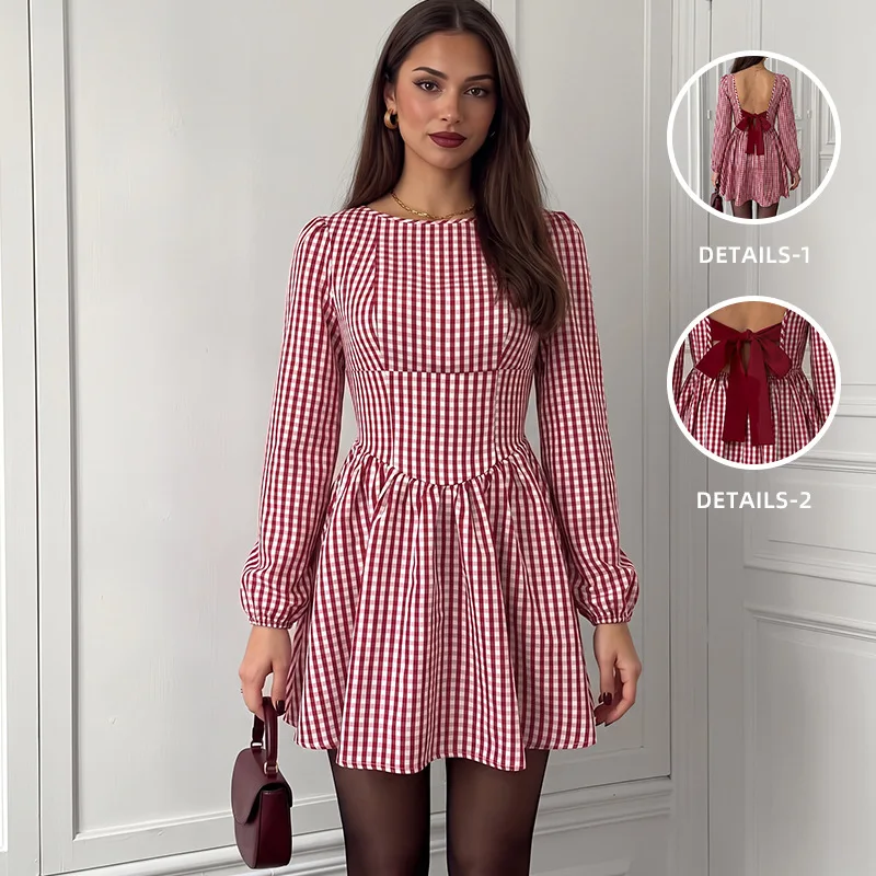 Mid Length Dress Women Dresses A Line Vestidos Y2k Streetwear Round Neck Full Sleeve Elegant Plaid Party Night Work 2026 Summer