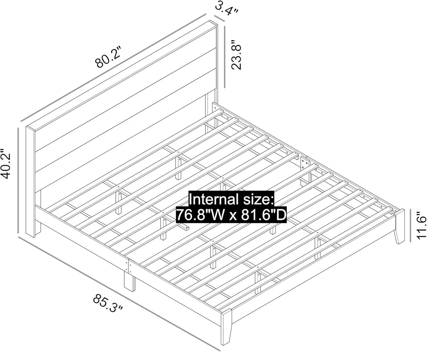 Galano Payne Holzplattform-Kingsize-Bettgestell mit Kopfteil, passend für 76'' x 80'' Matratzenfundament mit Holzlattenunterstützung, ohne Box