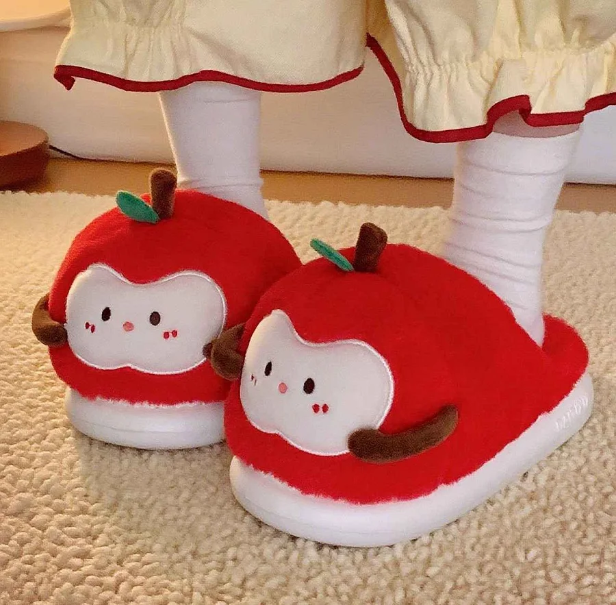 

New creative hug apples slippers for women winter fluffy fruit slides home warm shoes woman fuzzy slip on office slipper room