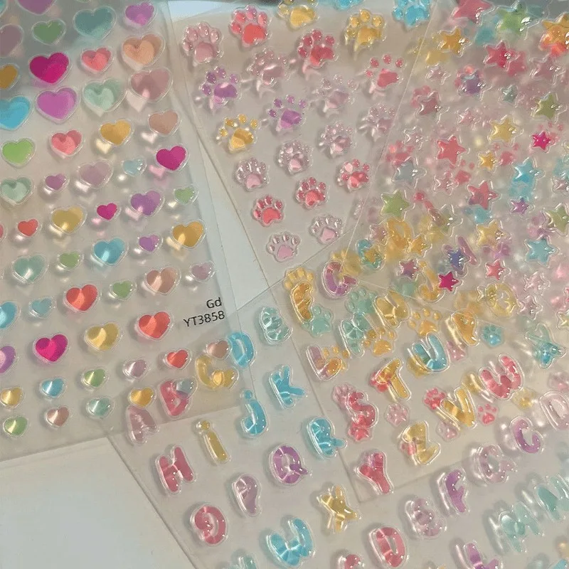 Jelly Clear Macaron Star Scrapbook Journal Stereo Stickers Star Heart DIY Decals for CCD Phone Case Aesthetic Glitter Sticker