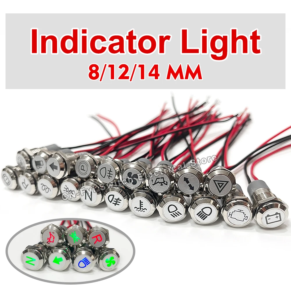 8/12/14MM Waterproof Symbol LED Indicator Light 12V 24V Silver Metal Indicator Turn Signal Pilot Light with Wire Car Dashboard