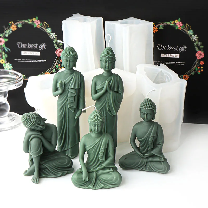 Religion Buddhist Statue Candle Silicone Mold Abstract Sitting Praying Sakyamuni Gypsum Candle Making Wax Resin Mould Home Decor