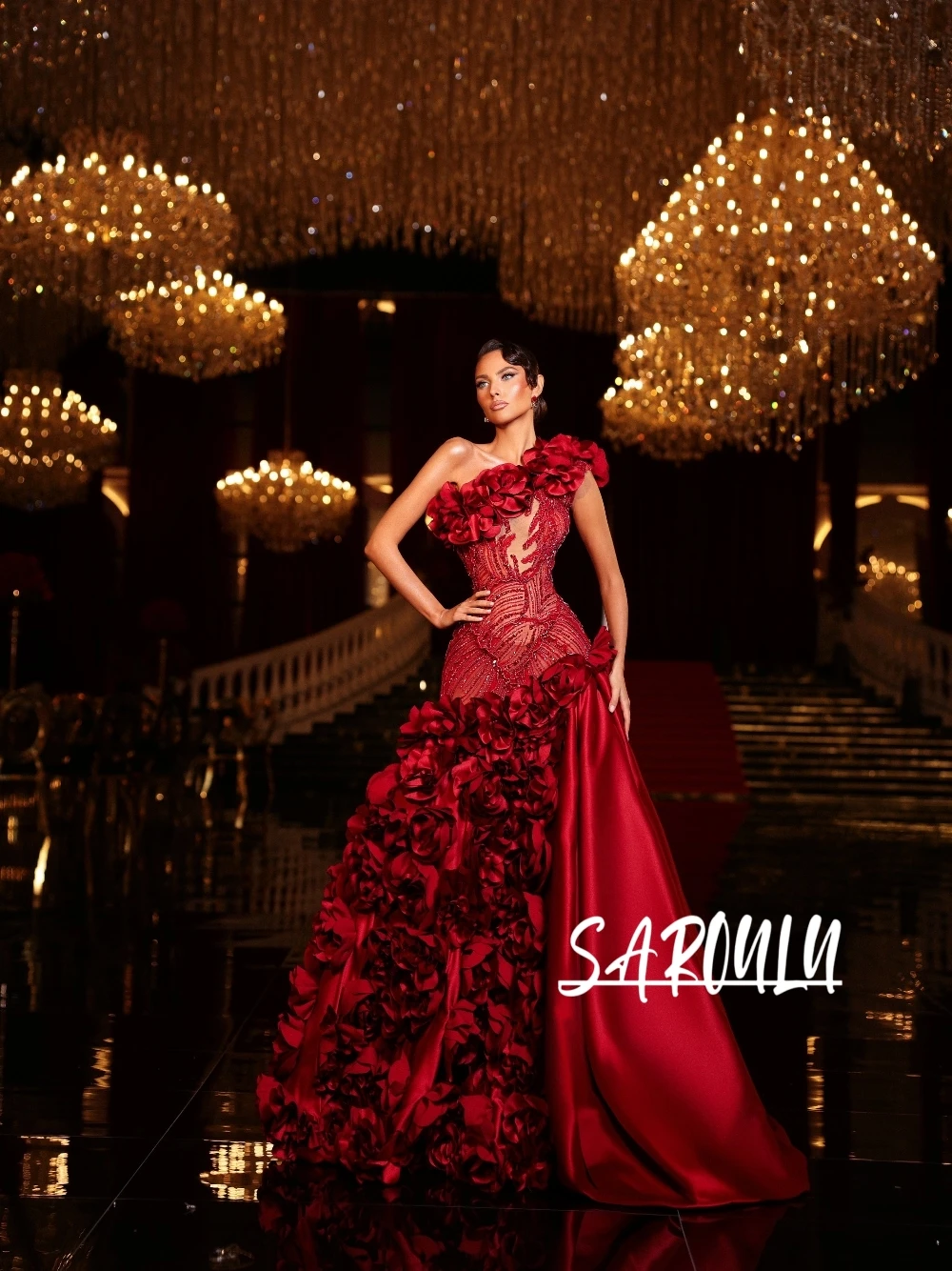 

Chic Burgundy One Shoulder Evening Dress Luxe 3D Flower Sequin Beaded Sheer Mermaid Showstopper Charming Prom Gown Customized