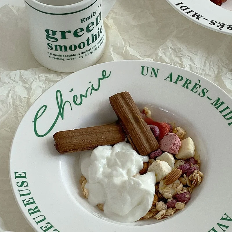 

French Simple Letters Ceramic Pasta Plate, Western Food Plate, Breakfast, Yogurt, Cereal Dessert, Afternoon Tea