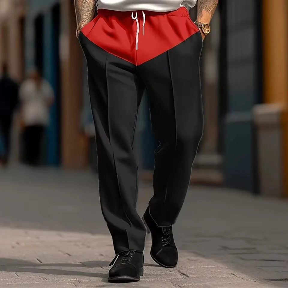 

Fashion Casual Contrast Color Patchwork Trousers Mens Spring Autumn Drawstring Tie-Up Straight Pants Men Trendy Loose Pants