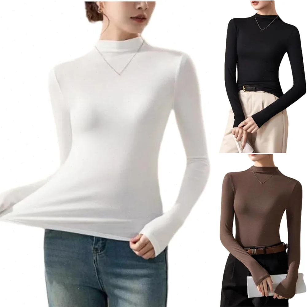 Women Thermal Underwear Long-Sleeved High Neck T-Shirt Autumn Winter Basic Closet Essentials Versatile Pullover Lady Warm Tops