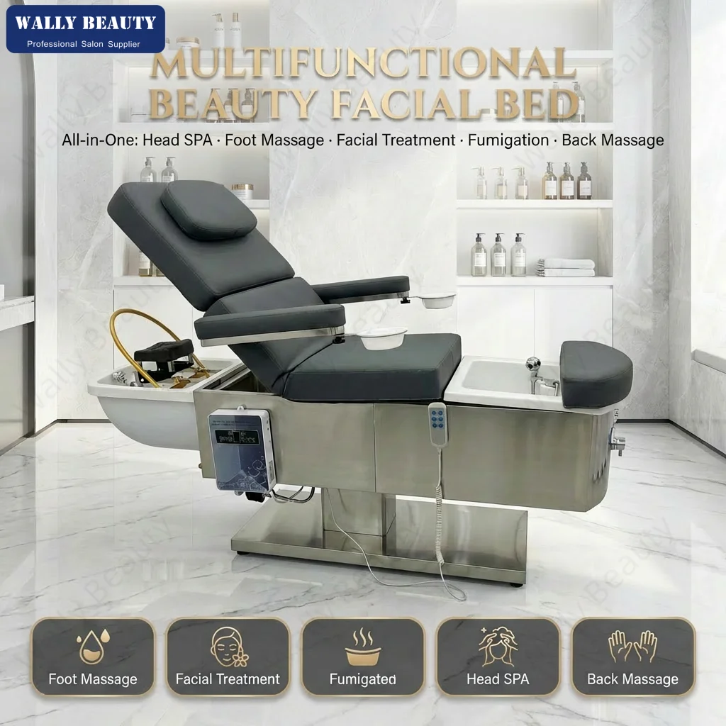 Head Therapy BedLuxury Electric Japanese Head Spa Bed Waterfall Shampoo Massage Bed With Pedicure Basin Facial Bed Beauty Salon