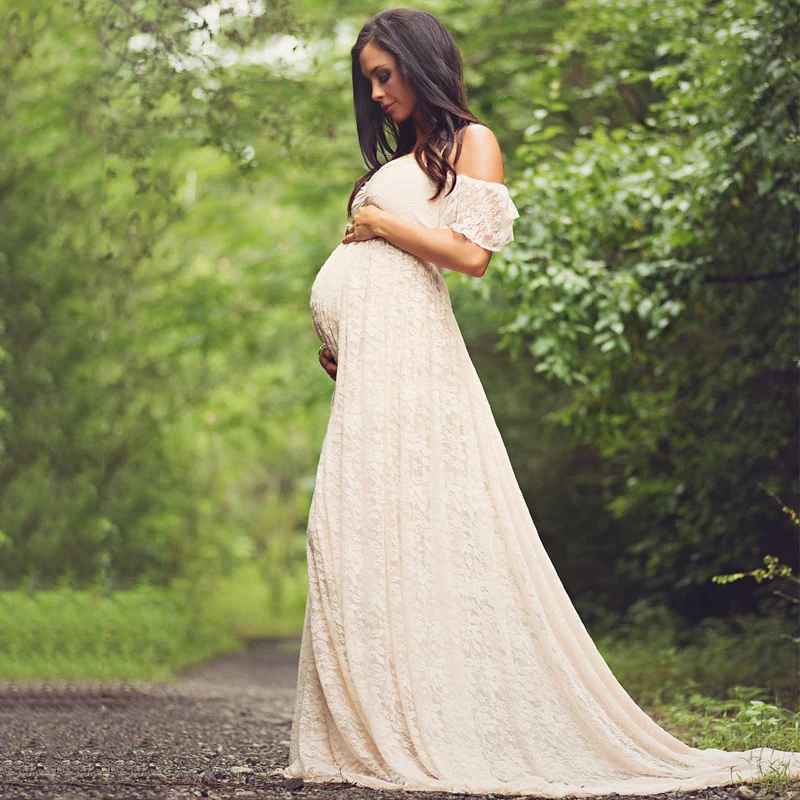 Tailed Maternity Photography Dress Lace Flying Sleeves Solid Color High Waist Classic Daily Banquet Round Neck Pregnant Dresses