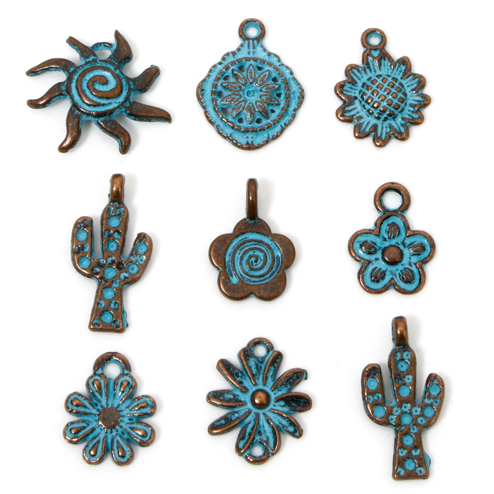 100 PCs Bohemian Patina  Charms Antique Copper Blue Flower Sun Metal Zinc Based Alloy Pendants DIY Making Necklace Jewelry