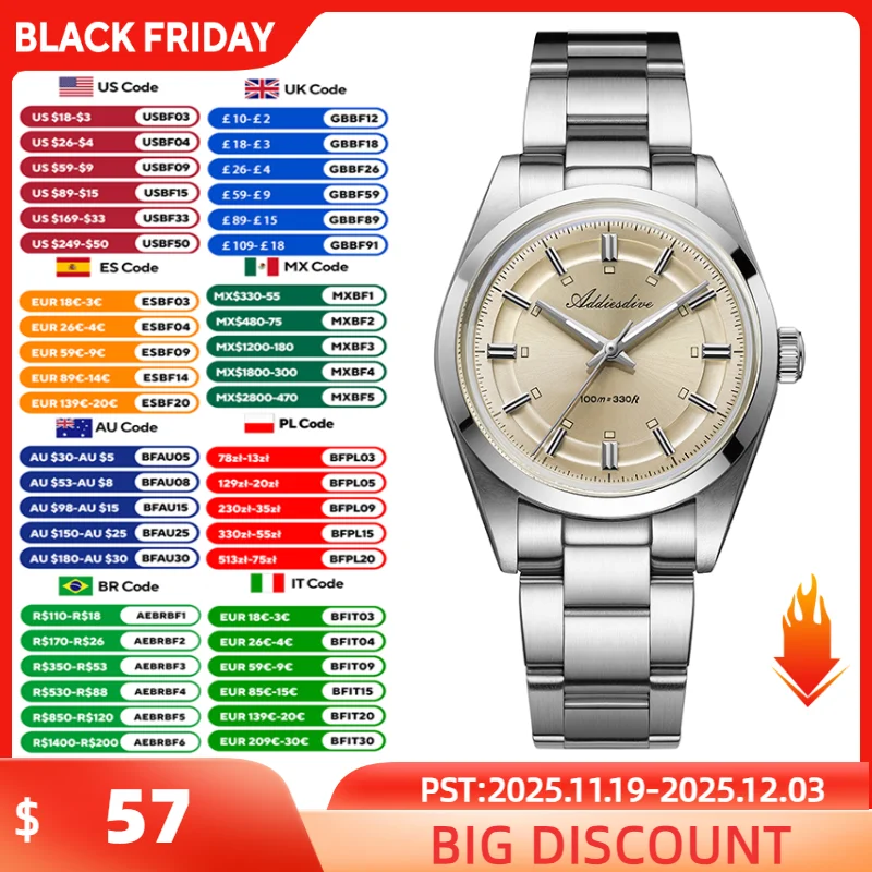 Addiesdive الفاخرة كوارتز ساعة رجالية 36 مللي متر سوبر مضيئة فقاعة مرآة الزجاج مقاوم للماء الساعات للرجل الفولاذ المقاوم للصدأ ساعة الذكور