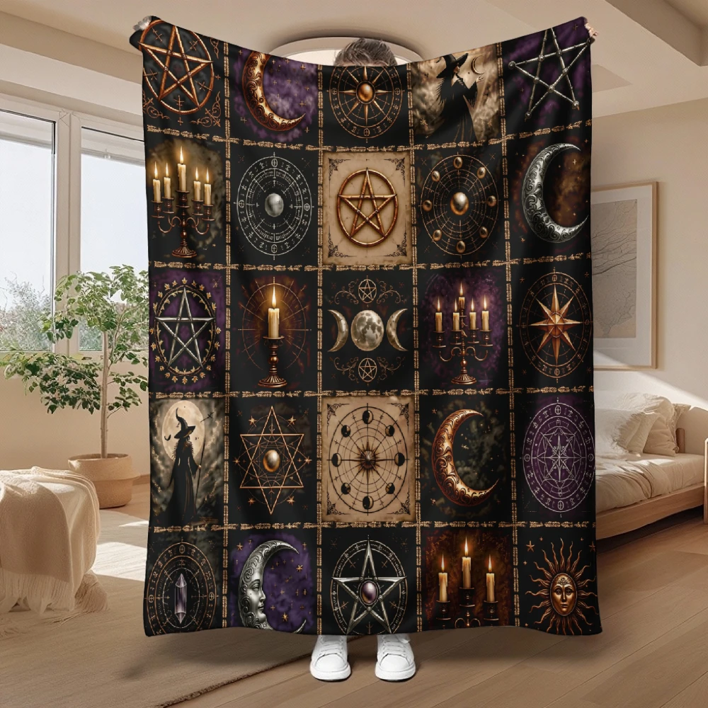 Mystic Witchcraft Symbols, for Spiritual Seekers, Soft Cozy Blanket, Pentagram Moon Candles Design, Multi-Purpose Home Decor Gif