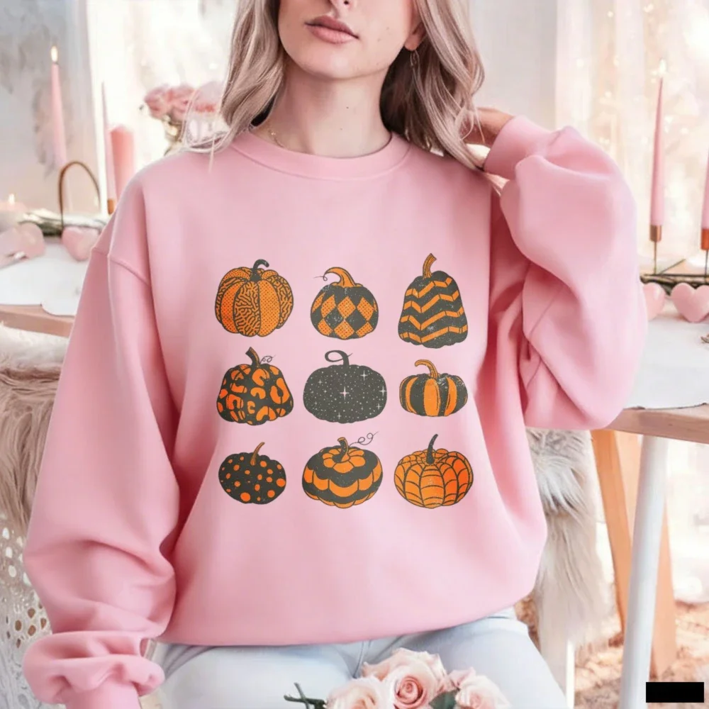 Cute Retro Spooky Halloween Pumpkin Grid Sweatshirt Hoodie Vintage Pattern Graphic Pullover Cozy Women Unisex Autumn Winter Top