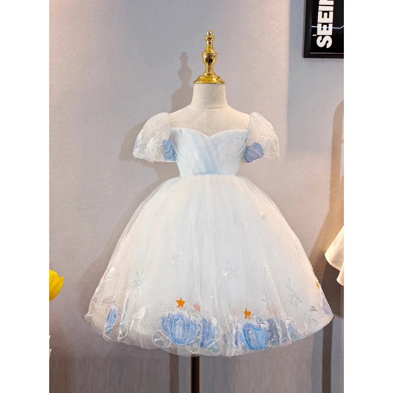 2-10Y Puff Sleeve Flower Girl Dress Exquisite Embroidery Formal Ball Gown Children Sequin Bow O-Neck Birthday Party Dresses