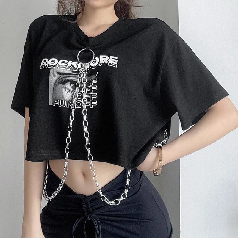 

Punk Chain T-shirt Summer Fashion Cyberpunk Tee Letter Print Short Tshirt Grunge Goth Aesthetic Clothes Sexy Chain Top Emo Scene
