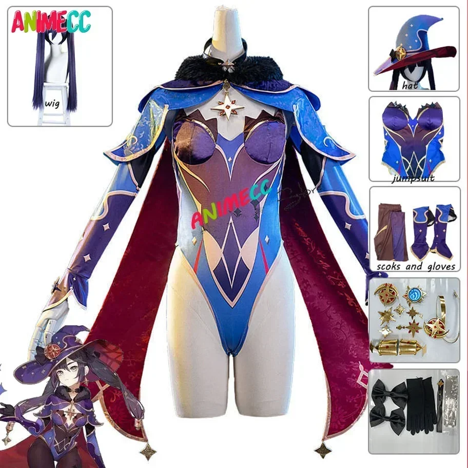 ANIMECC in Stock S-L Mona Genshin Impact Cosplay Costume Wig Hat Anime Sexy Jumpsuit Halloween Carnival Party Outfits for Women