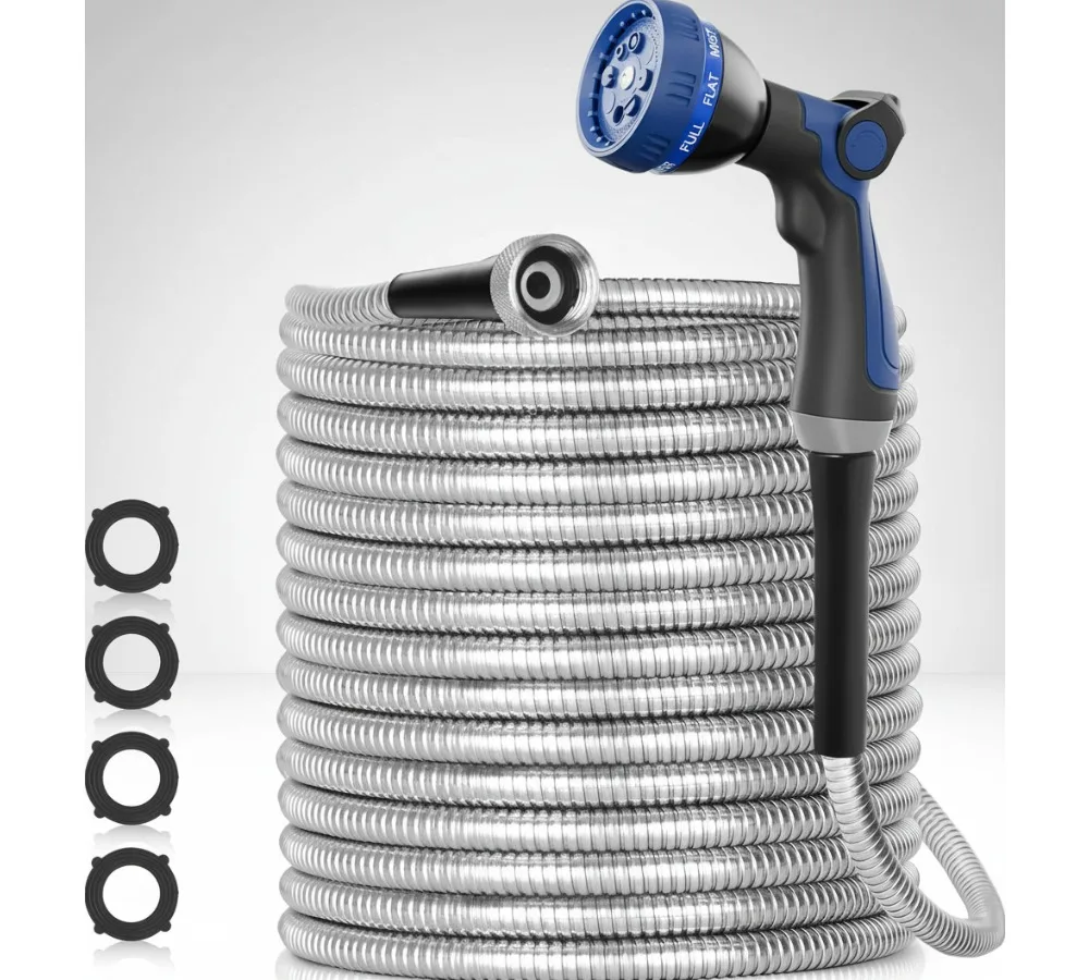 خرطوم حديقة من الفولاذ المقاوم للصدأ بطول 50 قدم، أنبوب مياه مرن عالي التحمل مع فوهة لا تتشابك أبدًا في ساحة خارجية #1