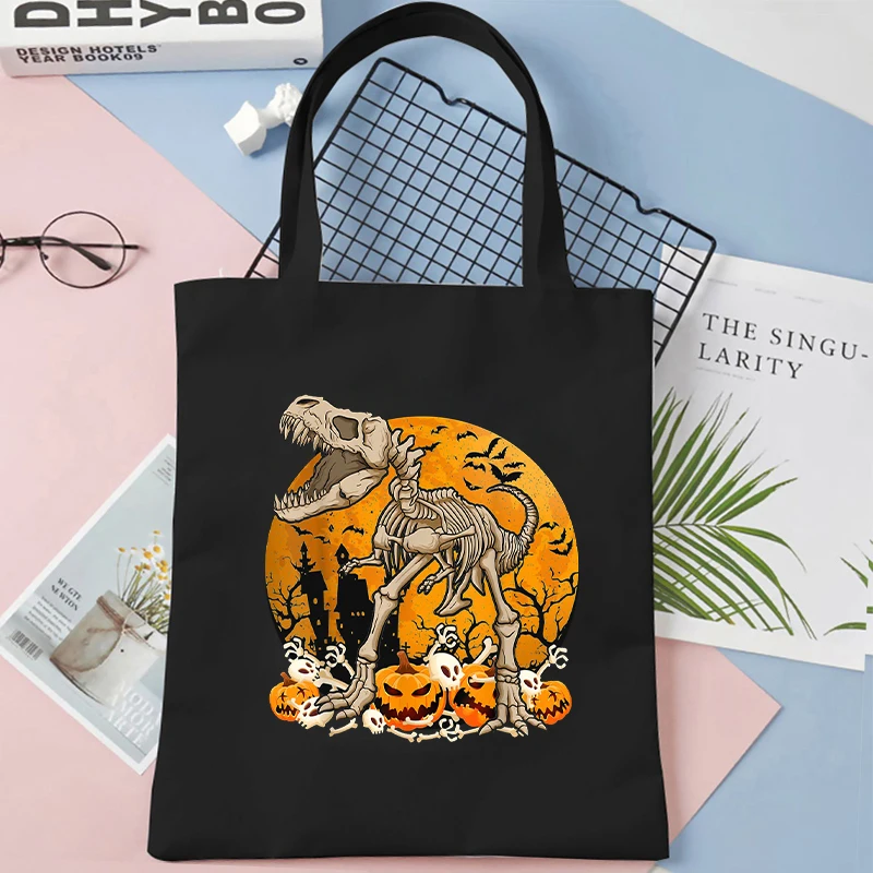 Canvas Tote Bags Cartoon Dinosaur and Pumpkin Women Shoulder Bag Fashion Spooky Halloween Graphic Shopping Bag Reusable Handbag