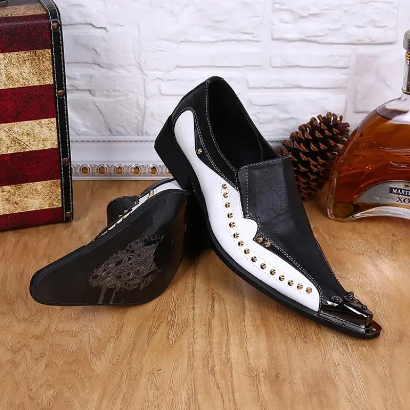 

Trendy Rivets Black White Mixed Colors Men's Shoes Iron Pointy Toe Genuine Leather Loafers Party Wedding Business Dress Shoes