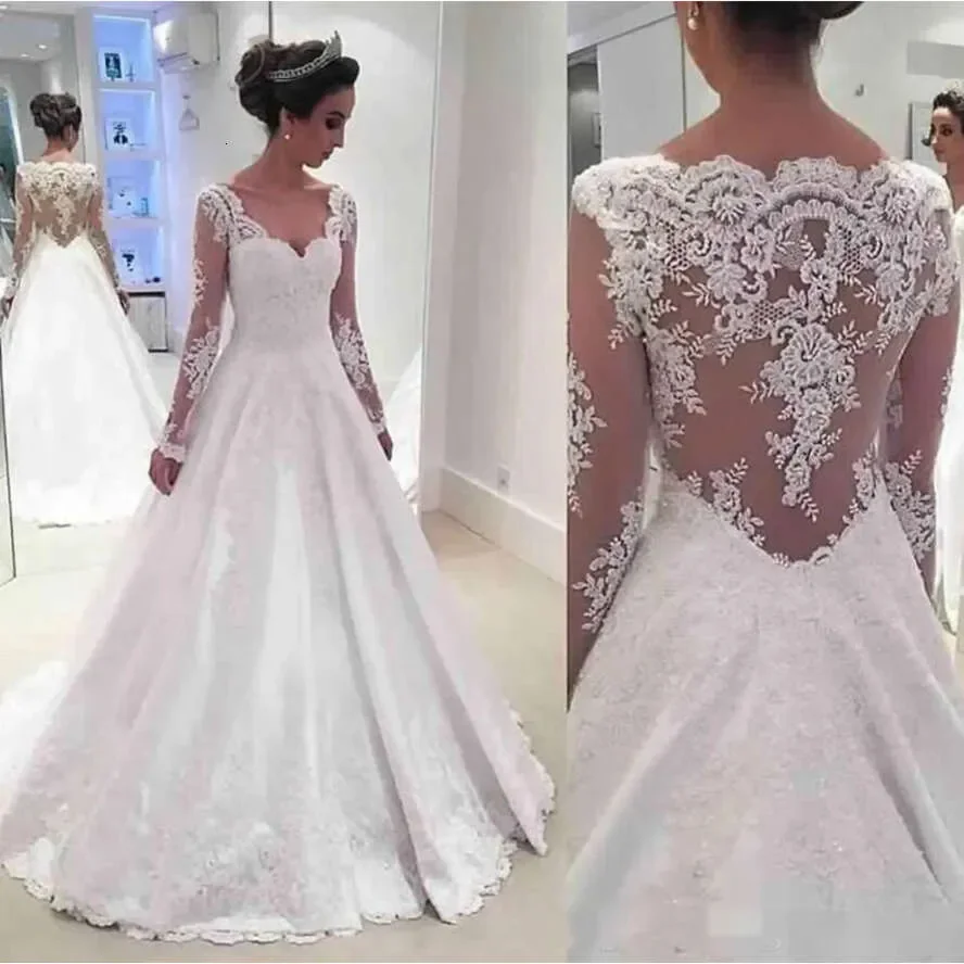 Modest Long Sleeves Dresses Scalloped V Neck Lace Applique Illusion Bodice Satin Wedding Bride Vestido De Novia Estido