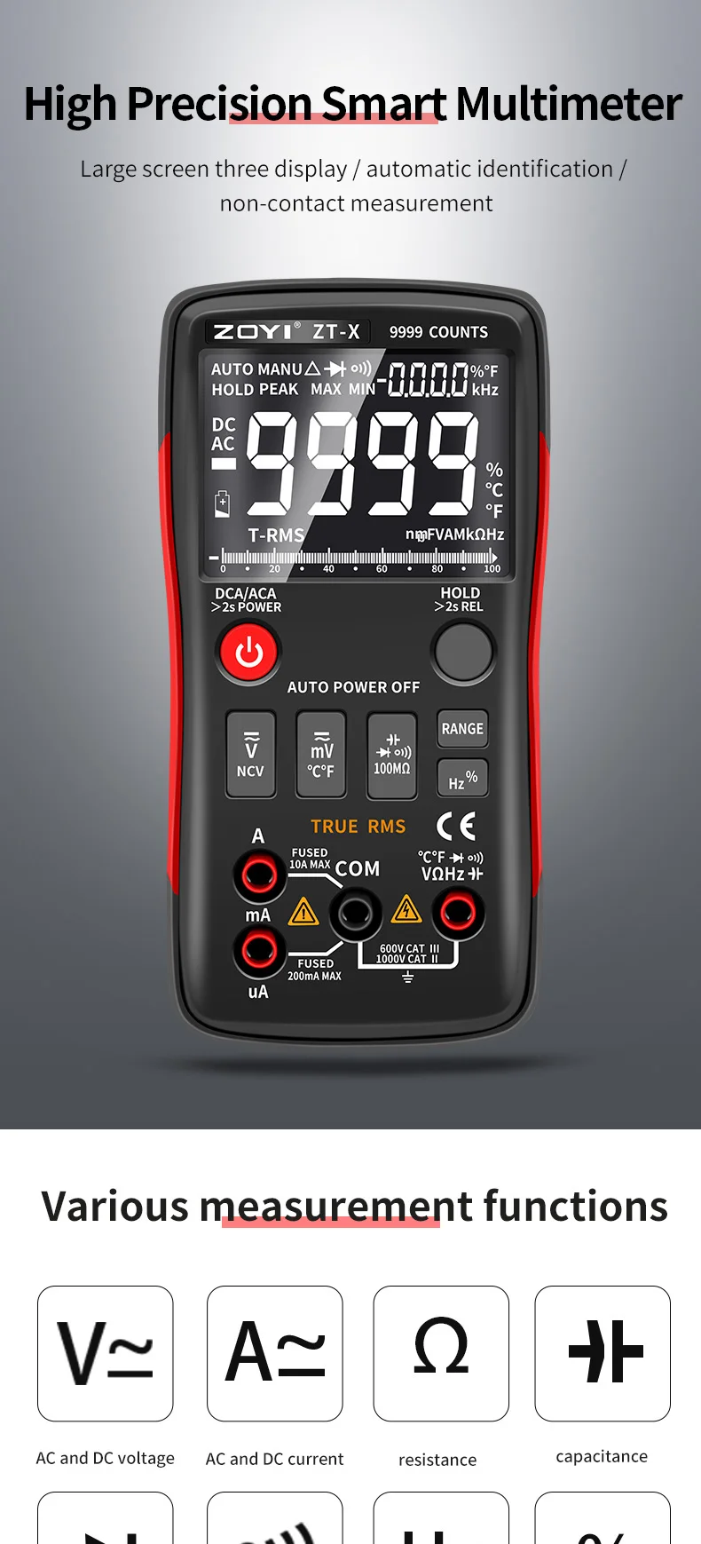 ZOYI ZT‑X 9999 Counts True RMS Digitalmultimeter mit automatischer Bereichswahl, NCV-Spannung, Strom, Widerstand, Kapazität, Temperaturmessgerät – Detail 2