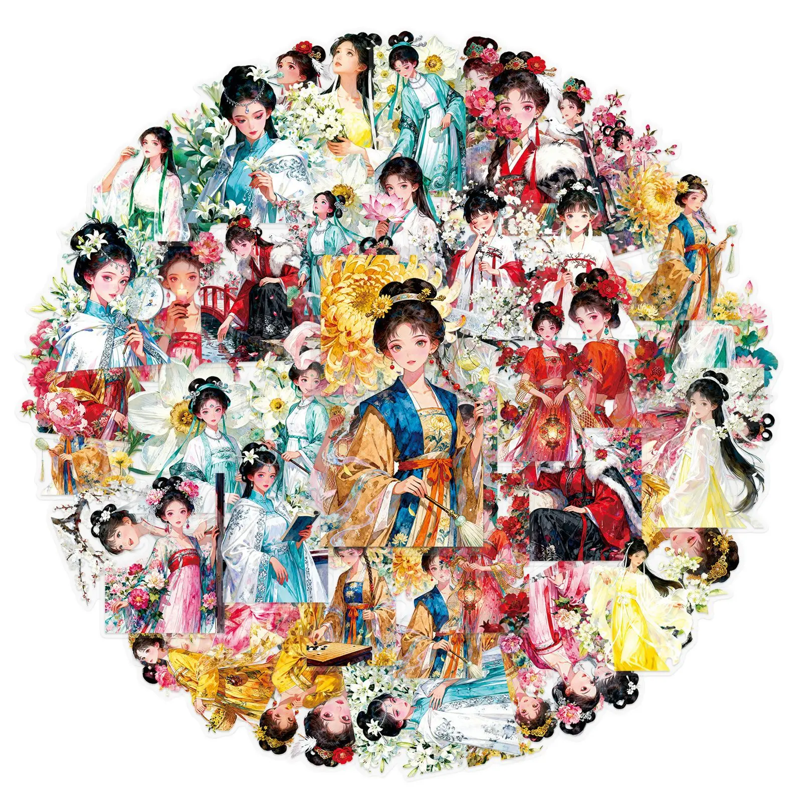 50 PCS Classical Flower Goddess Hanfu Exquisite Chinese Style PET Clear Stickers Decorate Window Phone Scrapbook Guitar Decals